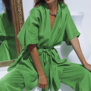 Women's Two Piece Pants Fashion Green Cotton Vacation Trousers Suits Casual 2 Pieces Half Sleeves Wrap Shirts &Wide Leg Summer Outfits