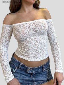 Women's Blouses Shirts Y2k Sexy Lace Off Shoulder T-Shirt Long Sleeve Bodycon Cropped Tee Tops Solid Slim Shirt Blouse 2000s Aesthetic Tops YQ240117