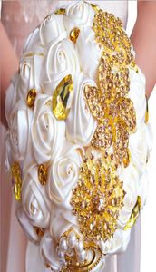 Wspaniały ślubne bukiety ślubne złote kwiaty z kości słoniowej sztuczny bukiet ślubny nowy kryształowy blask 2016 bukiet panny młodej 4523799