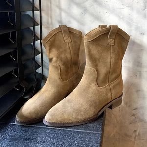 Yumuşak deri retro kovboy çizmeleri sonbahar kış batı kot pantolon botları sivri ayak parmağı rahat tıknaz kahverengi kahverengi botlar kadınlar için 240116