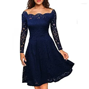 Freizeitkleider Elegante Damen Schulterfrei Spitze Herbst Damen Langarm A-Linie Formales Partykleid Einfarbig Vestidos 2024