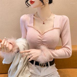 Women's Sweaters 2024 Fall Winter Clothes Knitted Sweater Chic Sexy Square Tie Chest Pad Beading Women Long Sleeve Patchwork Fur Tops 41059