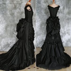 Beaded Gothic Victorian Bustle Prom Gown with Train Vampire Ball Masquerade Halloween Black Evening Bridal Dress Steampunk Goth 19336P