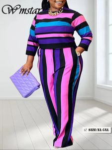 Wmstar Plus Size Two Piece Women Clothing Long Sleeve Crop Top and Pants Sets Striped Matching Set Wholesale Dropshopping 240117