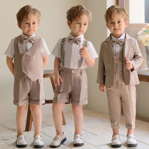 Children's Khaki Striped Suit Set Boy's Suspenders Long Shorts Vest Shirt Bowtie Clothes Kids Wedding Birthday Party Costume 240116