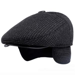 HT1847 Classic Man Cap Autumn Winter Hat With Ear Flap Elder Man Dad Warm Sboy Ivy Flat Wool Blend Men Beret 240116