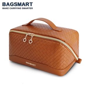 BAGSMART Makeup Bag Cosmetic Bag Water-resistent Travel Toiletry Bags for Women Portable Pouch Open Flat Make Up Organizer Bag 240116