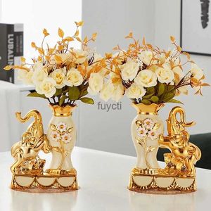 Vases European Style Ceramic Golden Vase Arrangement Dining Table Home Decoration Accessories Creative Golden Elephant Vases YQ240117