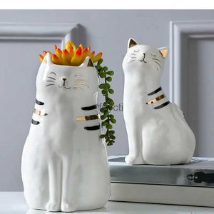 花瓶かわいいセラミック猫の花の花瓶セラミック手工芸装飾品動物彫刻漫画猫の花のアレンジメントアクセサリーvase yq240117