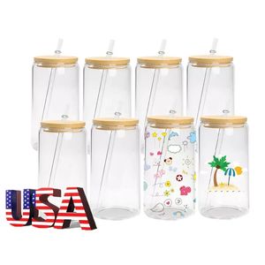 50pack USA Warehouse 16oz Mason Sublimation Glass Soda Pop kan formade sublimationsglasburkar med bambu lock och halm 240117