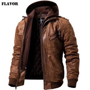 FLAVOR Herren Echtlederjacke Herren Motorrad Abnehmbare Kapuze Wintermantel Herren Warme Echtlederjacken 240117