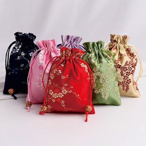 Schmuck Verpackung Display Kordelzug Taschen Für Frauen Mädchen Lagerung Chinesische Seide Blume Stickerei Armband Anhänger Halskette Beutel