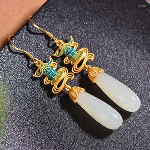 Dangle Earrings Natural White Jade Cloisonne Enamel 925 Sterling Silver Hetian Jades Nephrite Long Column Drop Earring Women