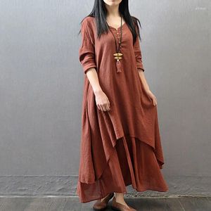 Casual Dresses Women Cotton Linen Dress Spring Summer Wish Artistic Loose Long Sleeve Boho Sundress Fashion V Neck Asual Style