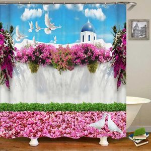 シャワーカーテン3D美しいカラフルな花の風景印刷バスルームの防水シャワーカーテンポリエステルカーテンホームデコレーションカーテン