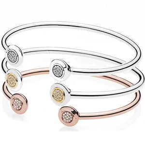 Original Rose Gold Silver Signature With Crystal Open Bangle Fit 925 Sterling Bead Charm Bracelet DIY Europe Jewelry 240116