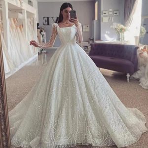 Abito da sposa da donna scintillante di lusso 2024 collo quadrato maniche lunghe perline paillettes abiti da sposa abiti da sposa Robe De Mariee