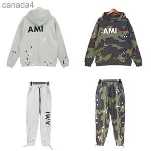 Designer Fashion Hoodie Pants Two-piece Speckle Letter Print and Camouflage Army Green Hooded Sweater Men Women Loose D09L