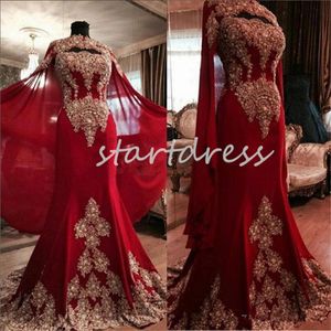 Vintage Red Dubai Evening Dress With Cape 2024 Afghanistan Mermaid Appliques Lace Beaded Prom Dress Arabic Abaya Morrocan Formal Party Dress Elegant Robe De Mariee