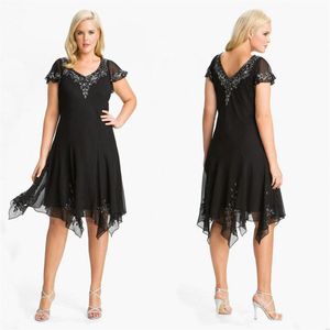 Black Chiffon A-line V-neck Appliques Short Sleeves Mother of the bride Dresses Mother Dress Plus Size New Arrival S261G