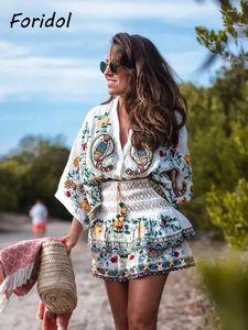 Two Piece Dress Batwing Sleeve Women Autumn Embriodery Paisley Print Skirt Set Outfits V Neck Button Tiered Mini Suit Vintage