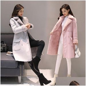 Women'S Trench Coats Women Suede Fur Winter Coat New Fashion Thick Faux Sheepskin Long Jacket Overcoat Female Solid Warm Trench Drop D Dhdra