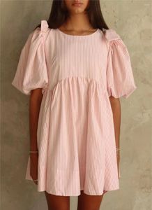Casual Dresses Fashion Womens Summer Party Pink Short Puff Sleeve Crewneck Bow Decor Striped Babydoll S M L