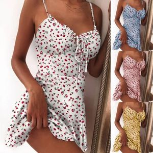 Women Fruit Printed Sweet Sling Dress Ladies Summer Fashion Sleeveless Sexy V-neck Lace-up Dress Party Shopping Daily Wear 240117