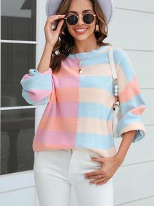 Damenpullover Herbst Winter Gestreifter Pullover Lässig gestrickt Langarm Top Lose Rosa O-Ausschnitt Pullover Mode in Strickwaren 2024