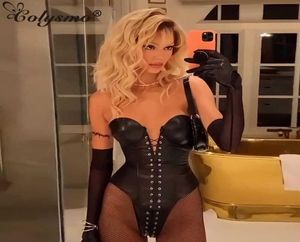 Colysmo Leather Bodysuit Top Lace Up Hollow Out Seleveless Solid Color Slim Fit Black Corset Women Sexy Club Outfits 2105273489096