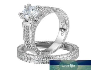 Anéis de banda 2 peças 18k ouro branco preenchido 925 prata anéis de casamento originais conjuntos de noiva para mulheres 9322588