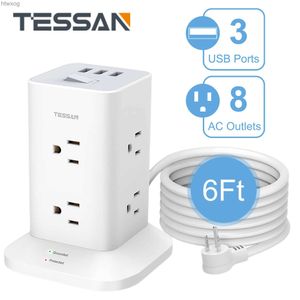 Power Cable Plug Tessan Tower 8/11 Way Outlets Socket Multi Power Strip Vertical 6 ft Extension Cord US Plug med 3 USB Surge Protector YQ240117