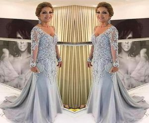 Elegant Blue Silver Mother of the Bride Dresses Long Sleeves 2021 V Neck Godmother Evening Dress Wedding Party Guest Gowns New7813973