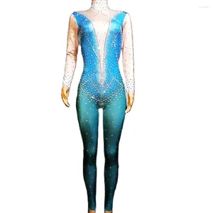 Stage Wear Sparkling Rhinestones Backless Turtleneck Blue Jumpsuit Party Evening Costume Outfit Nightclub Costumes Dance