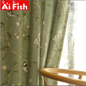 American Country Garden Cotton Linen Green Window Curtain For Living Room Birds Printed Bedroom Window Blackout Drapes WP145-40 240117