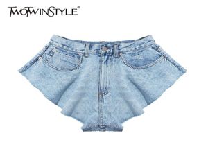 TWOTWINSTYLE Casual Denim Shorts Skirts High Waist Ruffle Hem Loose Ruched Short Pants Female Fashion Clothing Spring Tide 2103092935425