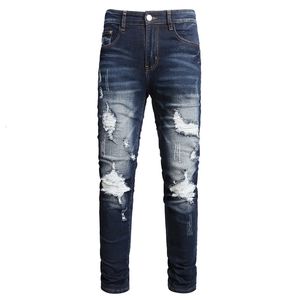 Fashion Street Style Ripped Skinny Jeans Men Vintage Wash Solid Denim Trouser Mens Mens Casual Slim Fit Black Blue Denim Pants 240116