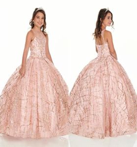 2022 Bling in oro rosa Mini abiti da spettacolo Quinceanera per bambine Glitter Tulle Gioiello Strass Abito da festa in rilievo Bambino 4581865