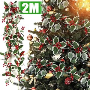 Dekorative Blumen, 1/2 Stück, Blätter, rote Beeren, Ratten, 2 m, Weihnachtsbaum-Girlande, Dekor, künstliche Stechpalme, Beere, Efeu, DIY-Kranz, Hochzeit, Zuhause