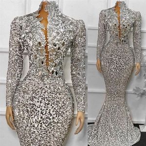 African Sequins Evening Dresses Long Sleeves Mermaid Women Formal Party Dress Sparkly Beaded High Neck Prom Gowns2204