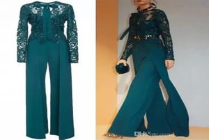 Hunter Green Jumpsuits Mother of the Bride Dresses Long ärmar Lace Appliqued Women Plaggdräkt Modest Evening Dresses Prom Go6140335