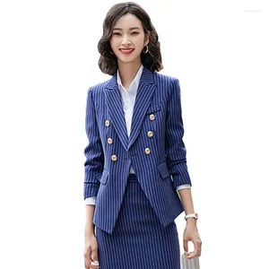 Dwuczęściowe spodnie damskie 2024 Business Mundur Suit Kobiet Blazer Zestaw jesień zima biuro dama noszenie 2 zestawy mody pasiaste