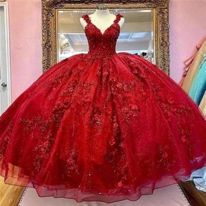 Vestidos de XV A OS OS Red Quinceanera Dresses with 3D Flowers Corset Corset Top Beded Ball Sweet 16 Dress Plus Size294f