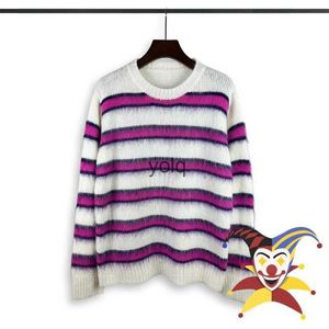 Men's Sweaters Mohair Rose And White Stripe Knit Sweater Crewneck Men Women Oversized Sweatshirtsyolq