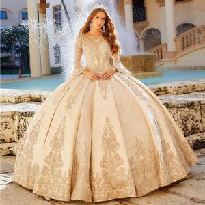 Incredibile abito da ballo in pizzo con perline Abiti Quinceanera Sheer Bateau Neck maniche lunghe Abiti da ballo Paillettes Sweep Train Tulle Sweet 15 Dr256l