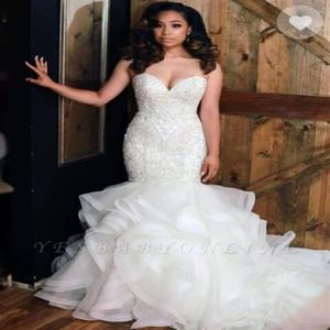 Abiti da sposa a sirena in organza con scollo a cuore africano Perline Pietre Top a strati con volant Plus Size Abiti da sposa da sposa robe de mariee B260v