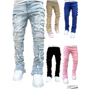 Мужские джинсы Мужские джинсы Regar Fit Stacked Died Destroyed Прямые джинсовые брюки Уличная одежда Повседневная джинсовая одежда для мужчин Dhtus