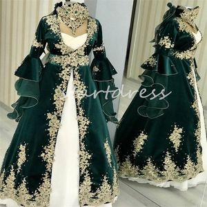 Green Velvet Moroccan Kaftan Evening Dress Abayas Turkish Muslimah Arabian Prom Dress Dubai Formal Gold Lace Beaded Engagement Party Gowns Robe De Mariage 2024