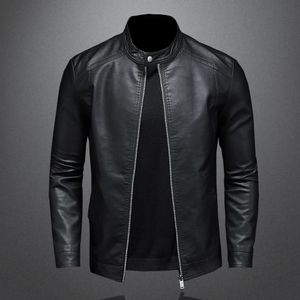 Spring Autumn Leather Jacket Men Stand Collar Slim Pu Leather Jacket Fashion Motorcycle Causal Coat Mens Moto Biker Leather Coat 240116