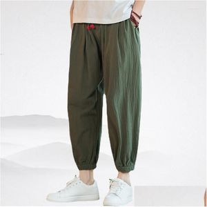 Pantaloni da uomo Pantaloni da uomo 2023 Estate stile cinese giapponese Plus Size cotone e lino sciolto tinta unita pantaloni casual alla caviglia D Dh5Iy